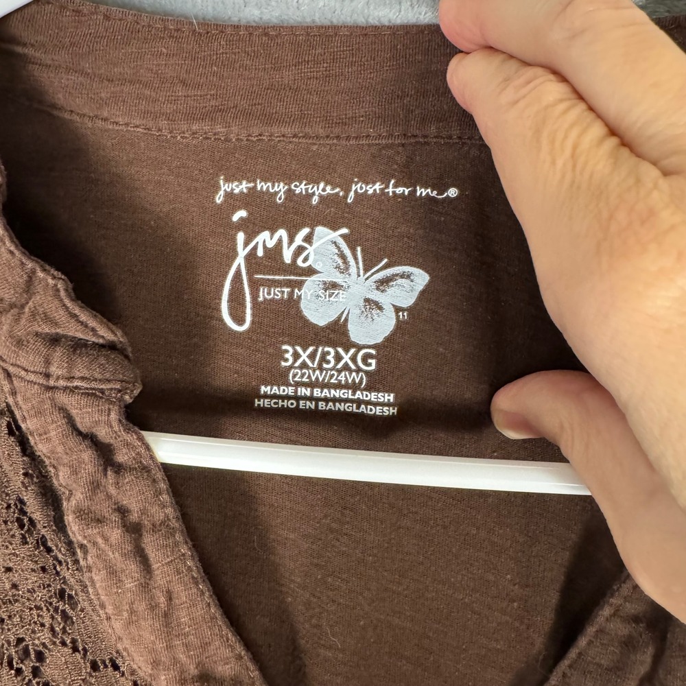 Just My Size JMS Brown Lace Yoke Button Front Top 3X 3/4 Roll Tab Sleeve JM1309 - Picture 2 of 5